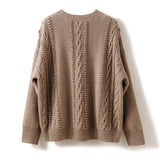 Womens Crochet Cashmere Sweater Cable Knit Crewneck Sweater Taupe XS