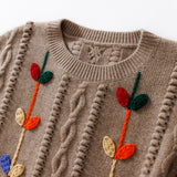 Womens Crochet Cashmere Sweater Cable Knit Crewneck Sweater Taupe XS