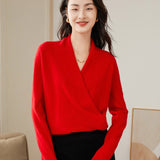 Womens Cashmere Wrap Sweater V - Neck Long Sleeve Cashmere Tops Red XS