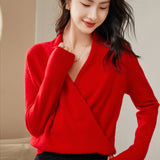 Womens Cashmere Wrap Sweater V - Neck Long Sleeve Cashmere Tops Red XS