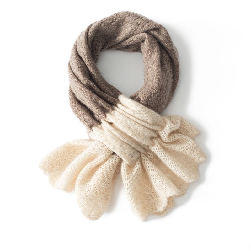 Womens Cashmere Two - tone Scarf With Ruffled Lace Cashmere Neckerchief Camel + Beige M