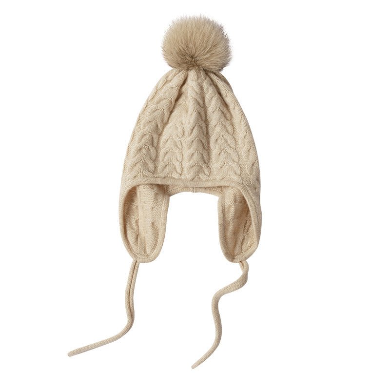 Womens Cashmere Knitted Hat With Fur Pom Cashmere Earflap Cap Beige M