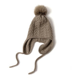 Womens Cashmere Knitted Hat With Fur Pom Cashmere Earflap Cap Taupe M