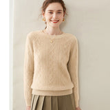 Womens Diamond Knit Cashmere Sweater Long Sleeve Crew Neck Cashmere Pullover Beige XS