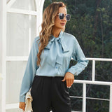 Womens Silk Blouse Long Sleeve Bow - tie Neck Silk Shirts Haze Blue XS