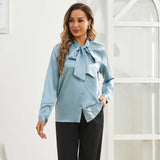 Womens Silk Blouse Long Sleeve Bow - tie Neck Silk Shirts Haze Blue XS