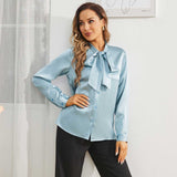 Womens Silk Blouse Long Sleeve Bow - tie Neck Silk Shirts Haze Blue XS