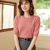 Womens Elbow Sleeve Cashmere Sweater Crew Neck Cashmere Pullover Pink XS