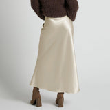 Womens Elegant Flow Silk Maxi Skirt High Waist Silk Dress Champagne XS