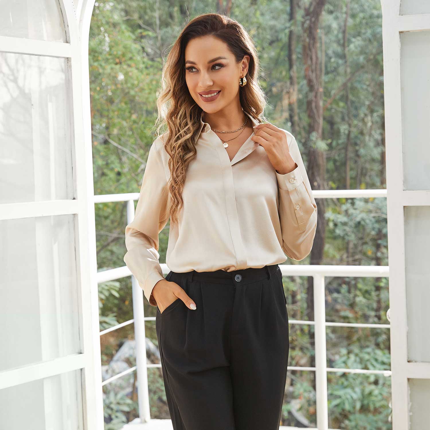 Women's Work Silk Shirts Hidden Placket Silk Blouse Champagne XS