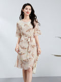 Womens Feather Print Silk Midi Dress with Waist Tie Short Sleeve Silk Floral Dress Pink XS