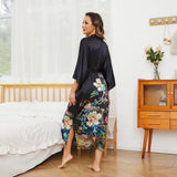 Women's Floral Print Pure Silk Kimono Robes Black One size fits most