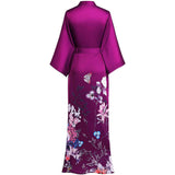 Women's Full Length Floral Print Silk Kimono Robes Deep Purple One size fits most