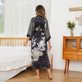 Womens Long Silk Kimono Silk Gown Geometric Floral Print Kimono Silk Black One size fits most