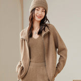 Womens Cashmere Zip - Up Cardigan Stand Collar Jacket Cashmere Coat Taupe XS