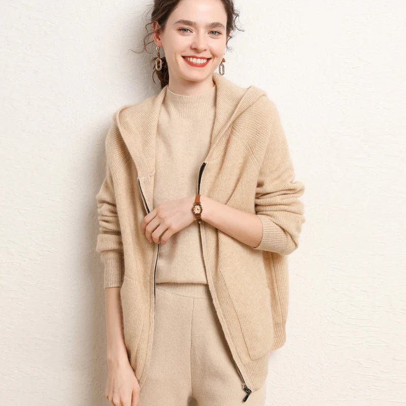 Womens Zip - Up Cashmere Hoodie Front Pockets Long Sleeve Cashmere Coat Beige XS