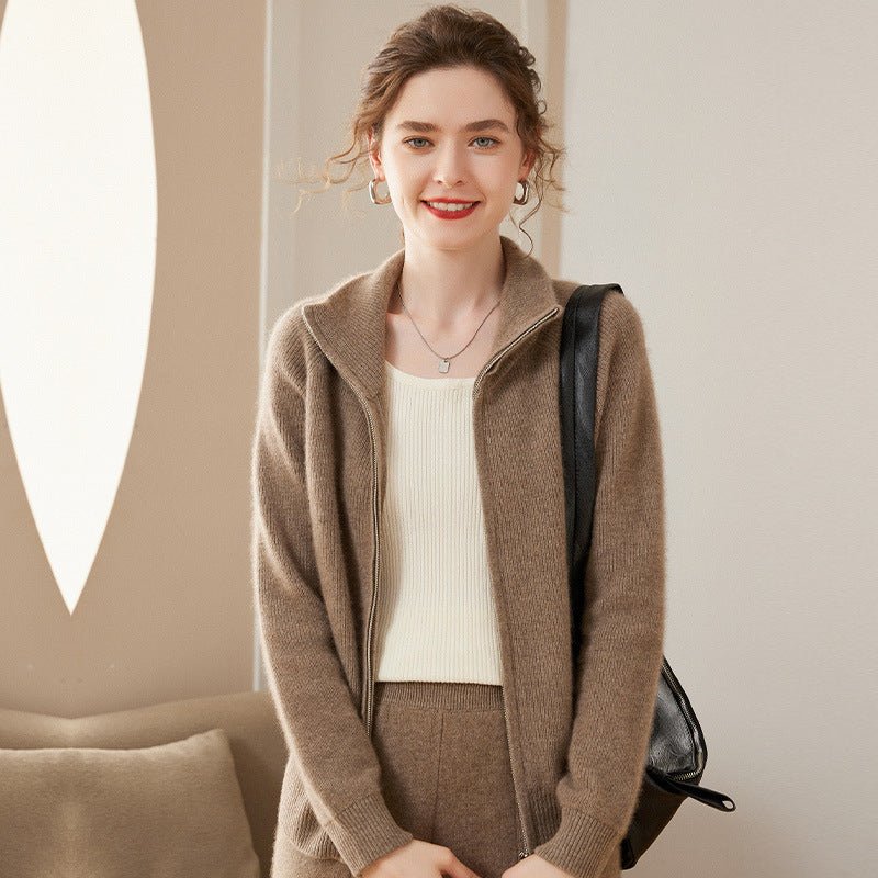 Womens Full Zip - Up Cashmere Cardigan Fold - Over Collar Cashmere Coat Taupe XS
