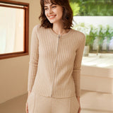 Women's Ribbed Knit Zip - Up Cashmere Sweater Crew Neck Cashmere Coat Beige M
