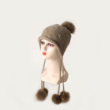 Womens Cashmere Pom - pom Earflap Hat With Cable Knit Cashmere Beanie Black M