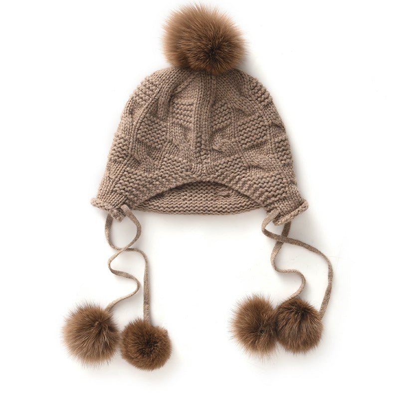 Womens Cashmere Pom - pom Earflap Hat With Cable Knit Cashmere Beanie Taupe M