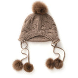 Womens Cashmere Pom - pom Earflap Hat With Cable Knit Cashmere Beanie Taupe M