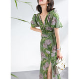 Womens Green Silk Floral Ruched Maxi Dress Slit Silk Dresses Green XS
