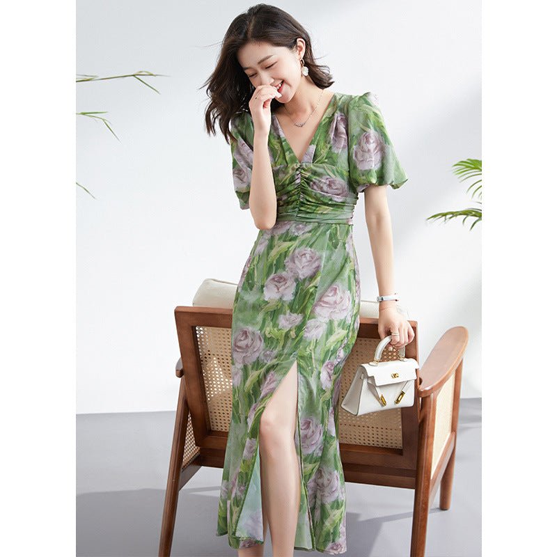 Womens Green Silk Floral Ruched Maxi Dress Slit Silk Dresses Green XS