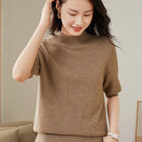 Womens Half Sleeves Cashmere Sweater Half Turtleneck Tops Taupe XS