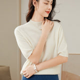 Womens Half Sleeves Cashmere Sweater Half Turtleneck Tops Ivory XS