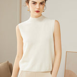 Womens Sleeveless Mock Neck Cashmere Sweater Top Cashmere Vest Tank Ivory XS