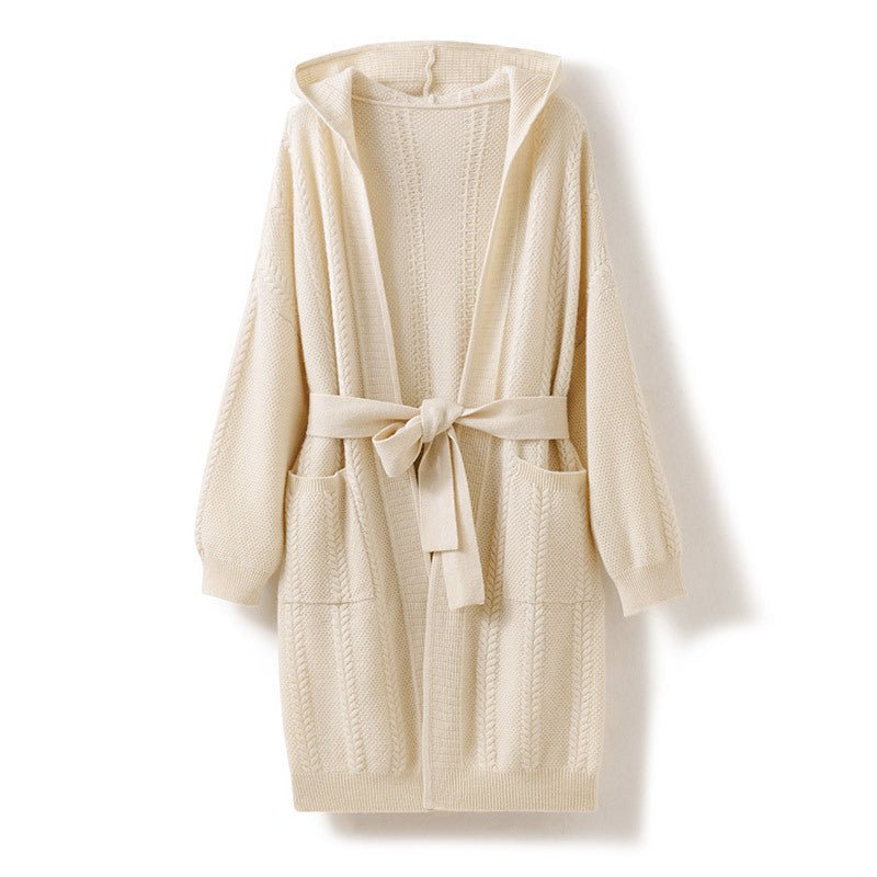 Womens Hooded Cashmere Belted Cardigan Patch Pockets Cashmere Coat Beige XS