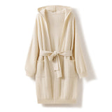 Womens Hooded Cashmere Belted Cardigan Patch Pockets Cashmere Coat Beige XS