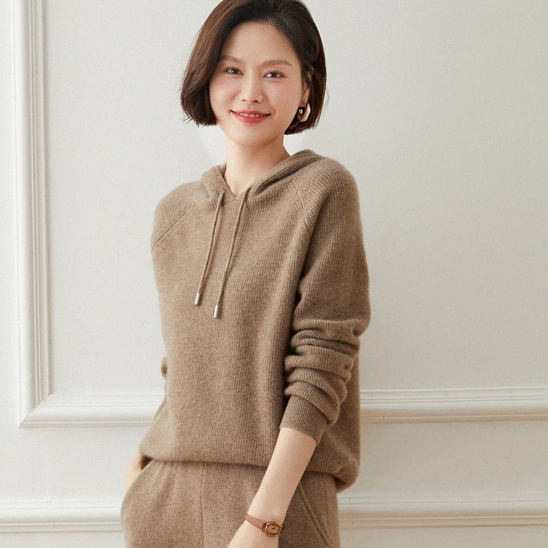 Womens Cashmere Hoodie with Raglan Sleeves Long Sleeve Hoody Top Taupe XS