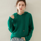 Womens Cashmere Knit Hoodie Ribbed Cuffs Adjustable Drawstrings Hoody Green XL