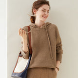 Womens Cashmere Knit Hoodie Ribbed Cuffs Adjustable Drawstrings Hoody Taupe XL