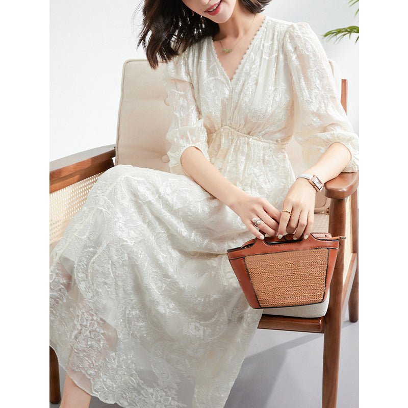 Womens Jacquard Lace Silk Maxi Dress Long Sleeve Silk Dress Ivory XS