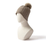 Womens Cashmere Herringbone Beanie Hat With Fur Pom Pure Hats Taupe M
