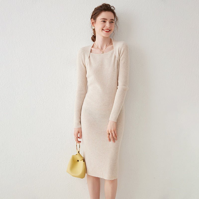 Womens Cashmere Ribbed Knit Midi Dress Long Sleeve Square Neck Dress Apricot XS