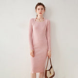Womens Cashmere Ribbed Knit Midi Dress Long Sleeve Square Neck Dress Pink XS