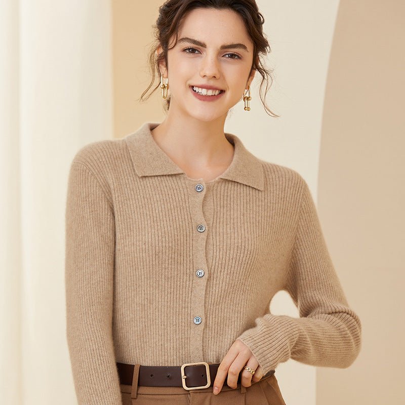 Womens Ribbed Knit Cashmere Cardigan Point Collar Lapel Cashmere Coat Taupe XS