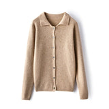 Womens Ribbed Knit Cashmere Cardigan Point Collar Lapel Cashmere Coat Taupe XS