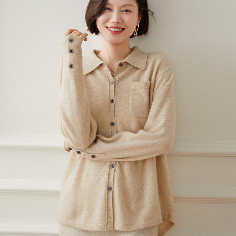 Womens Button - Up Cashmere Shirt Chest Pocket Lapel Neck Cashmere Coat Beige One size fits most