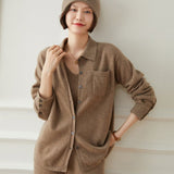 Womens Button - Up Cashmere Shirt Chest Pocket Lapel Neck Cashmere Coat Taupe One size fits most