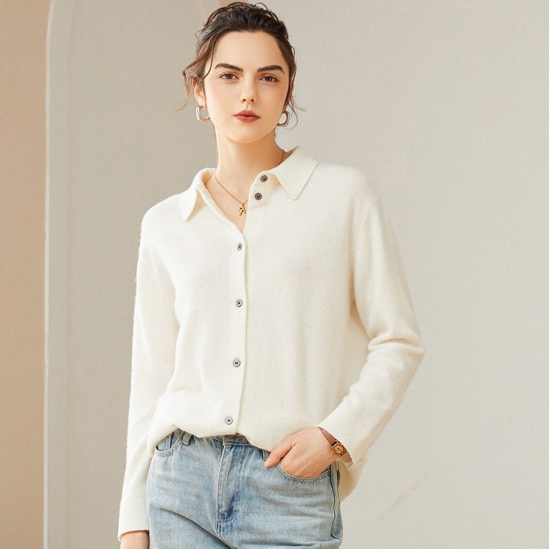 Lady Long Sleeve Button - Up Cashmere Shirt Cardigan Lapel Cashmere Coat Ivory XS