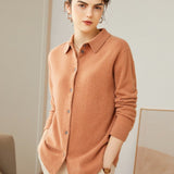 Lady Long Sleeve Button - Up Cashmere Shirt Cardigan Lapel Cashmere Coat Camel XS