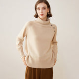Lady Asymmetrical Buttoned Collar Cashmere Sweater Cashmere Pullover Beige XS