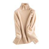 Lady Asymmetrical Buttoned Collar Cashmere Sweater Cashmere Pullover Beige XS