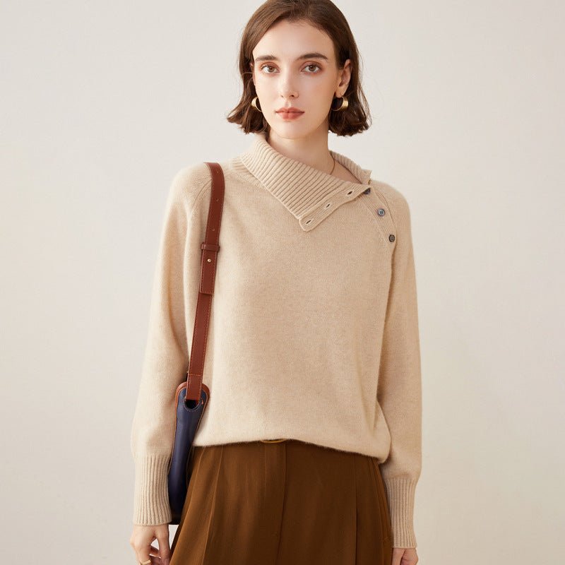 Lady Asymmetrical Buttoned Collar Cashmere Sweater Cashmere Pullover Beige XS