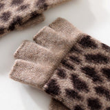 Womens Leopard Print Cashmere Gloves Knitted Half - finger Gloves Taupe M