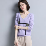 Womens Geometric Pattern V - Neck Long Sleeve Cashmere Sweater Purple XS
